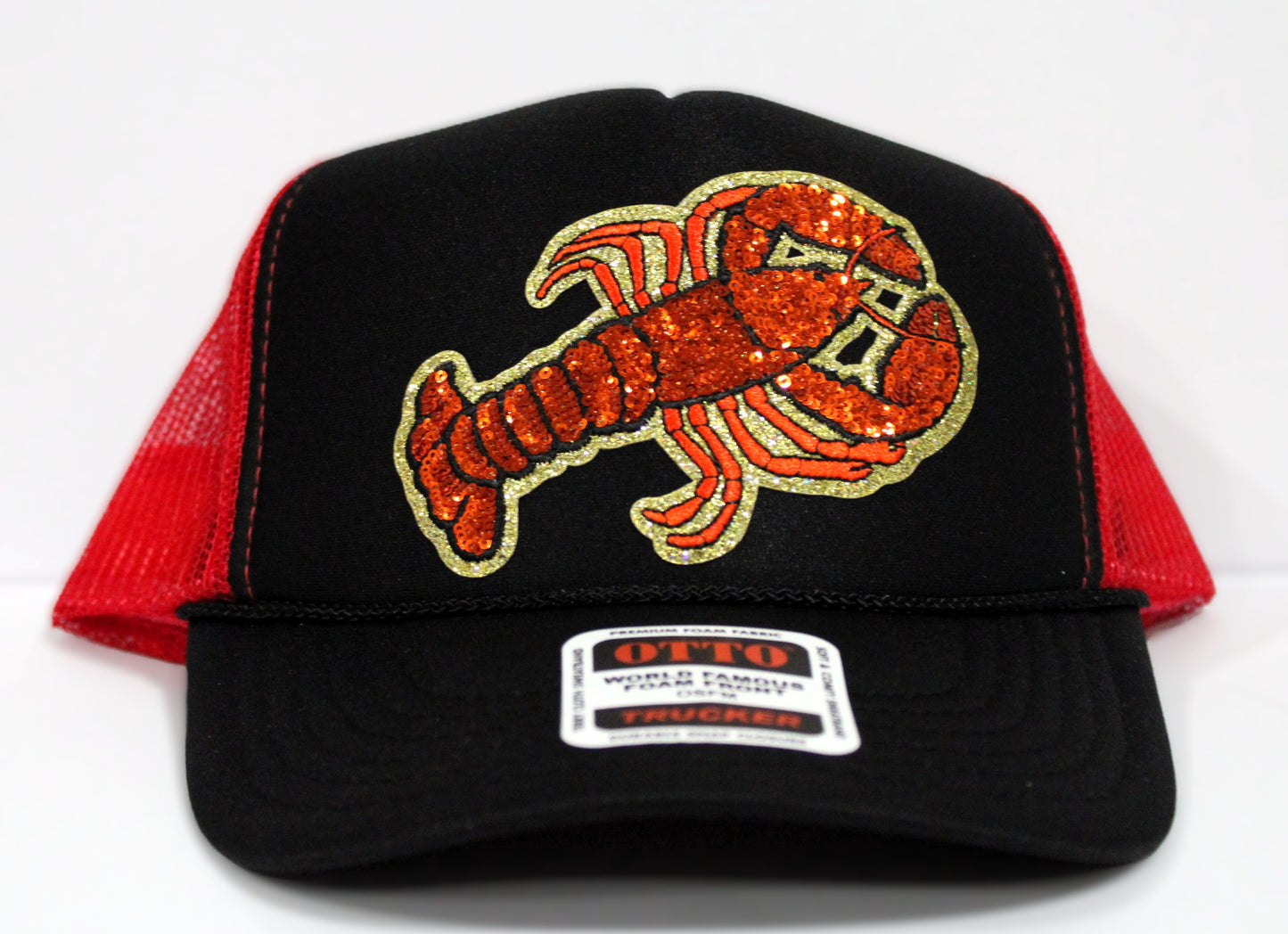 Viral Crawfish Sequin Foam Truck Hats Black/Red